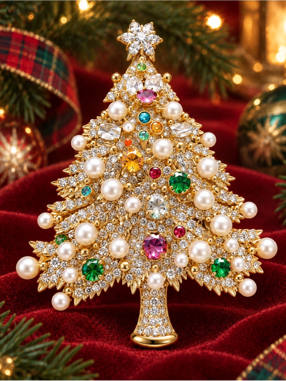 Christmas Tree Multicolor Gems Pearls Crystal Brooch